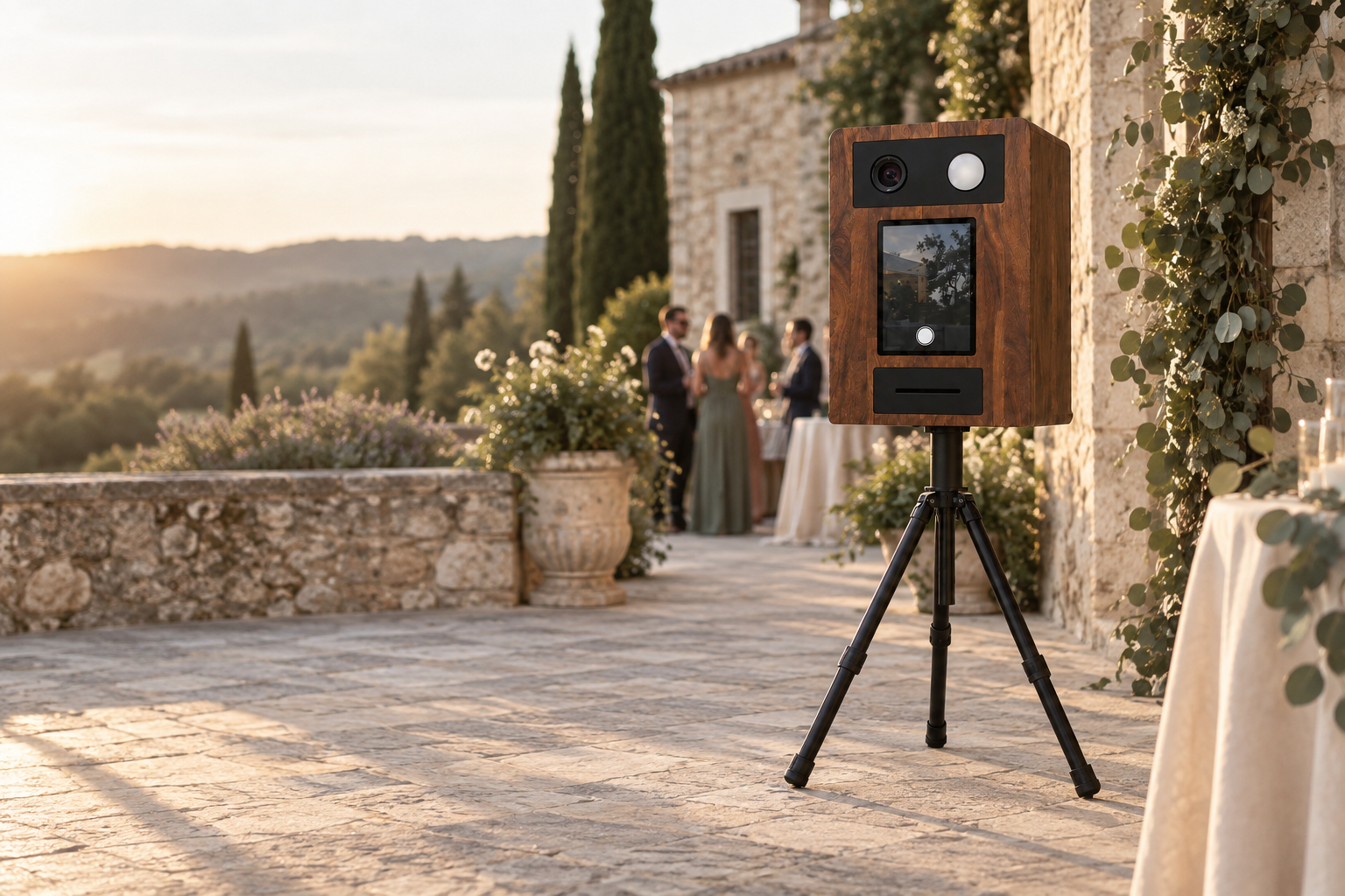 Photobooth VOLTE installé sur la terrasse d’un mariage élégant