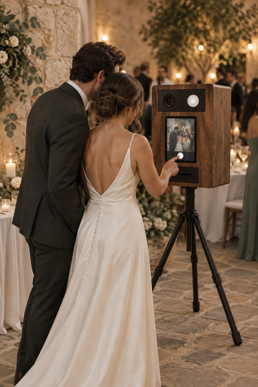 Des mariés utilisent le photobooth VOLTE pendant leur réception